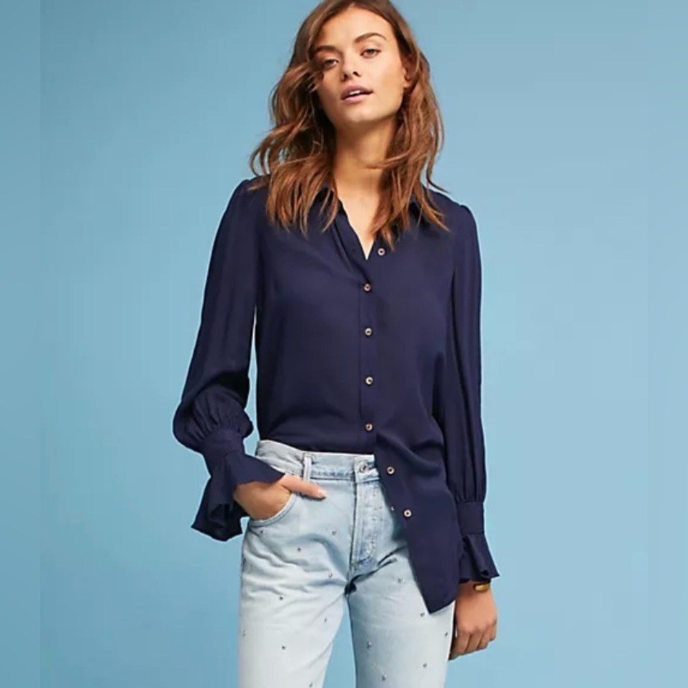 Maeve Anthropologie Navy Blue Ruffled Bell Cuff Button Down Blouse Top Size 8